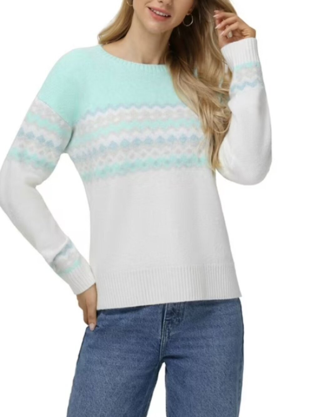 NEW 525 America Women's Aqua Combo Striped Crewneck Sweater (Medium)